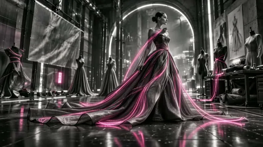 A figure in a sculptural silver gown stands in a mirrored studio, wrapped in pink light.
