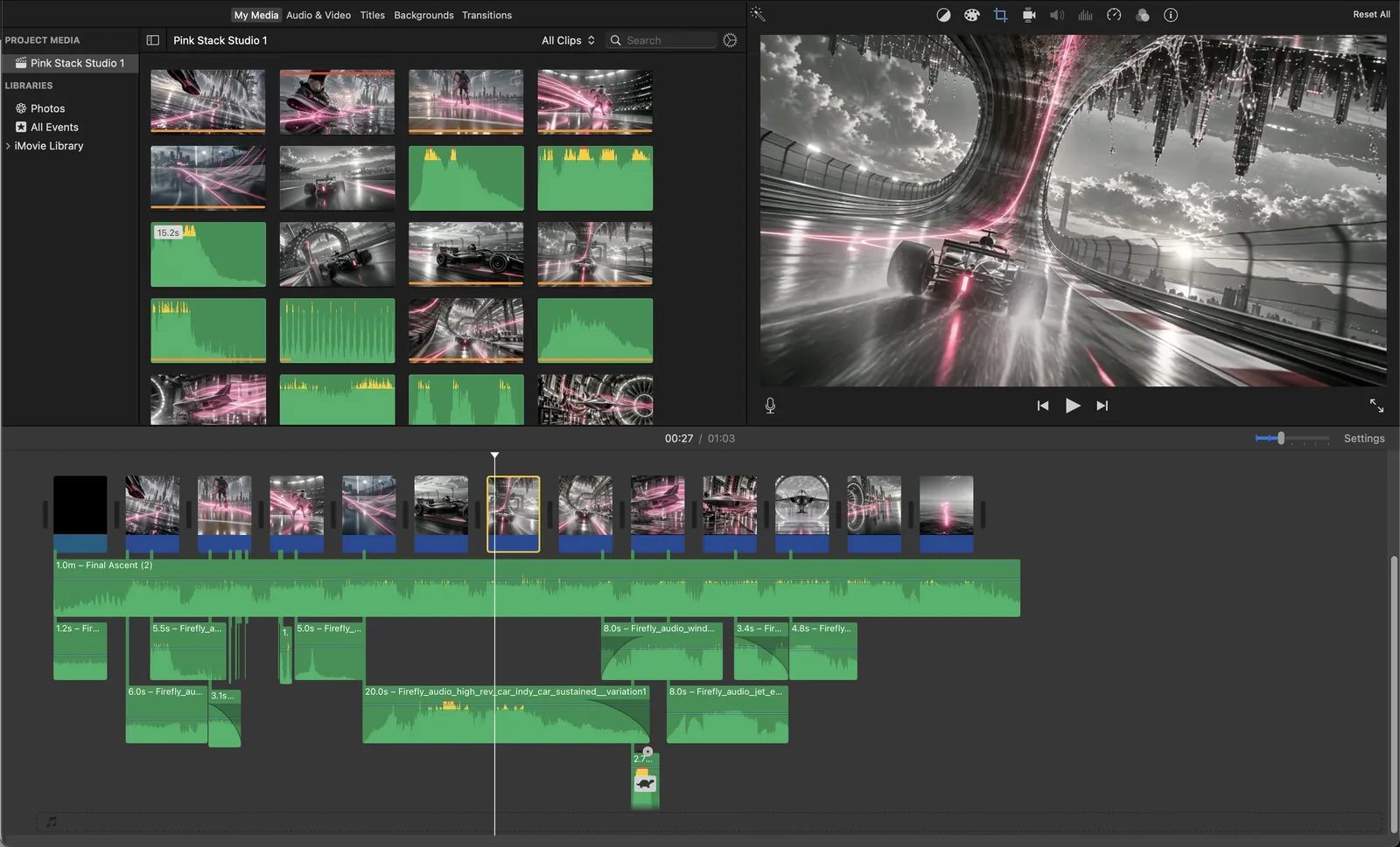A working edit timeline with image references, generated shots, transitions, and layered sound design visible together.