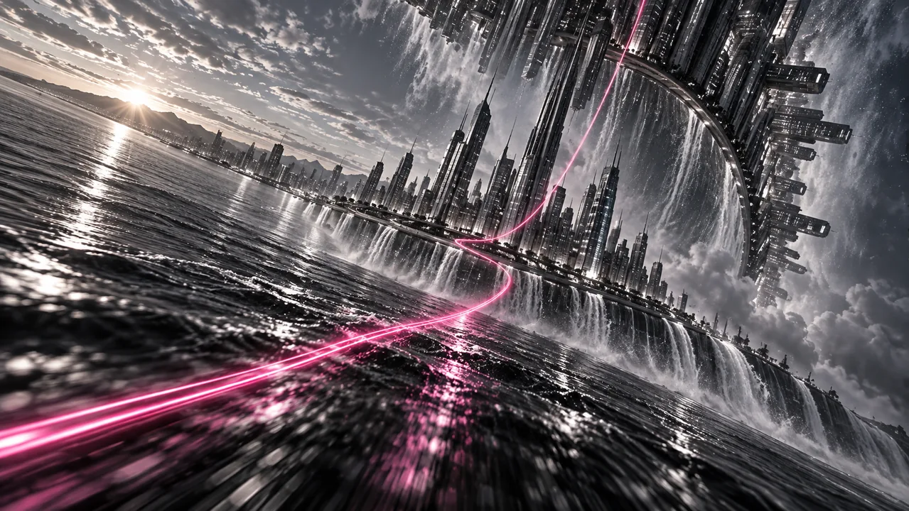 A diagonal folded city reflected in water, with a pink trail leading toward the horizon.