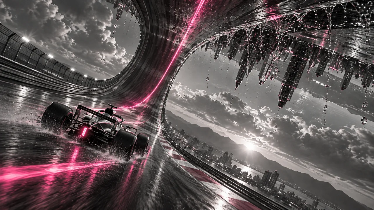An Indy car follows a pink racing line while the road and city fold overhead.