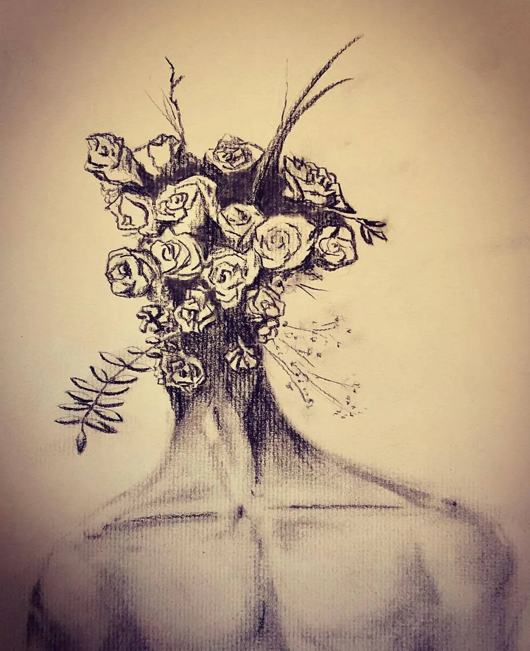 An original drawing by Jake Miller of a human figure with a bouquet of flowers in place of a head, on warm-toned paper.