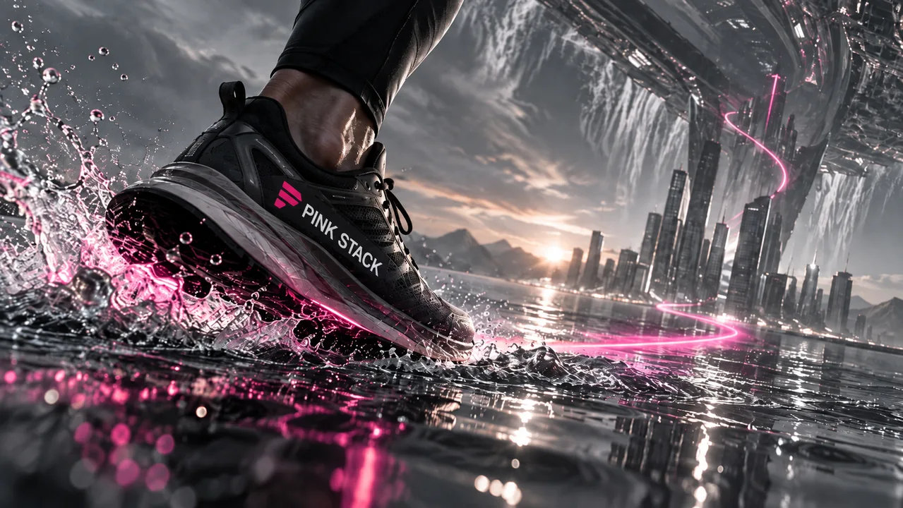 A black Pink Stack shoe touches reflective water with a hot-pink splash beneath an impossible skyline.