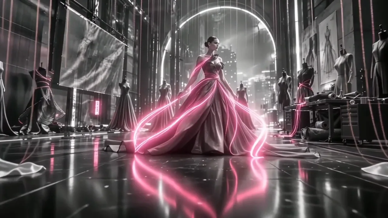 A figure in a silver gown turns in the pink-lit mirrored studio, as seen in the final film.